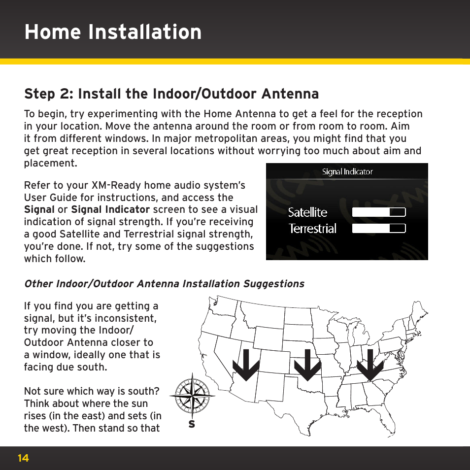 Home installation, Step 2: install the indoor/outdoor antenna | XM Satellite Radio XHD2KUG0809 User Manual | Page 14 / 32