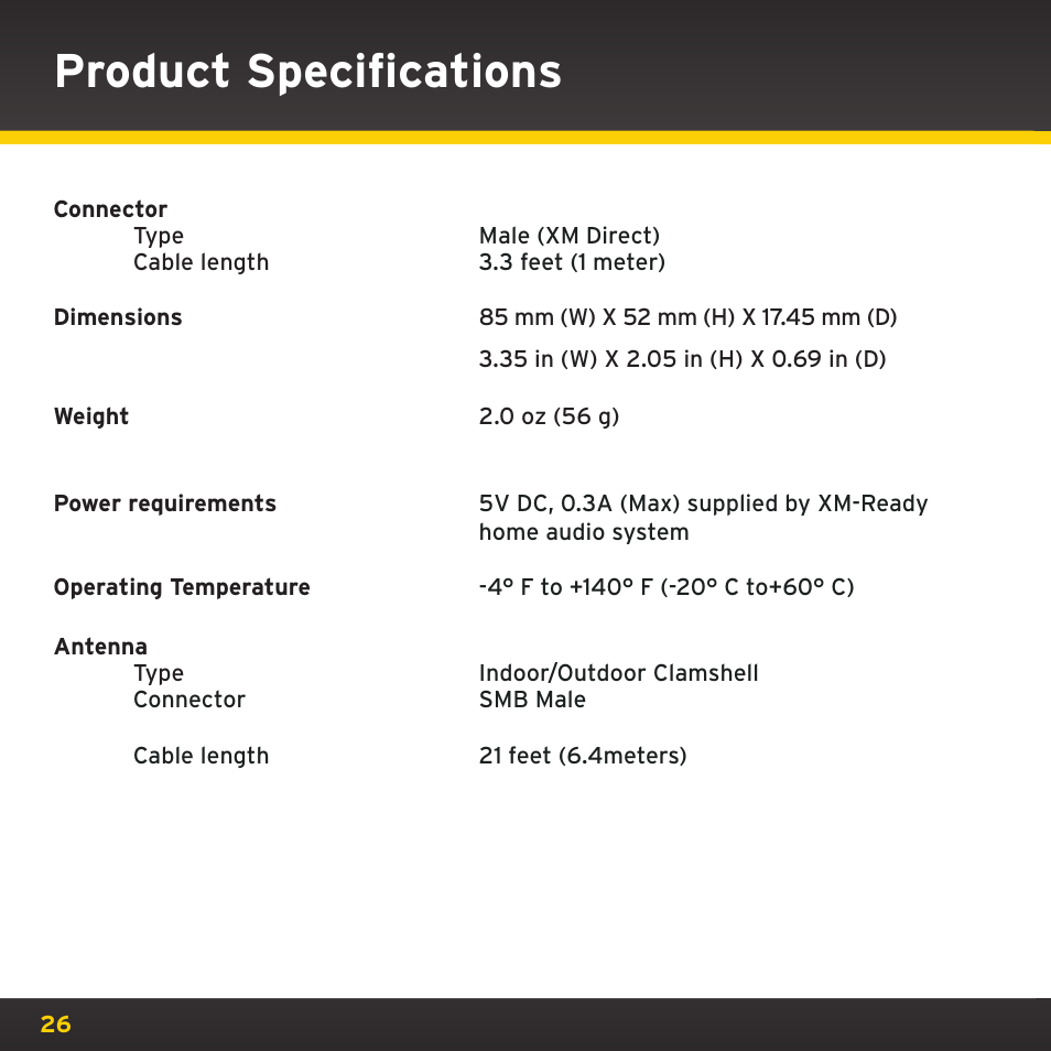 Product specifications | XM Satellite Radio XHD2KUG0809 User Manual | Page 26 / 32