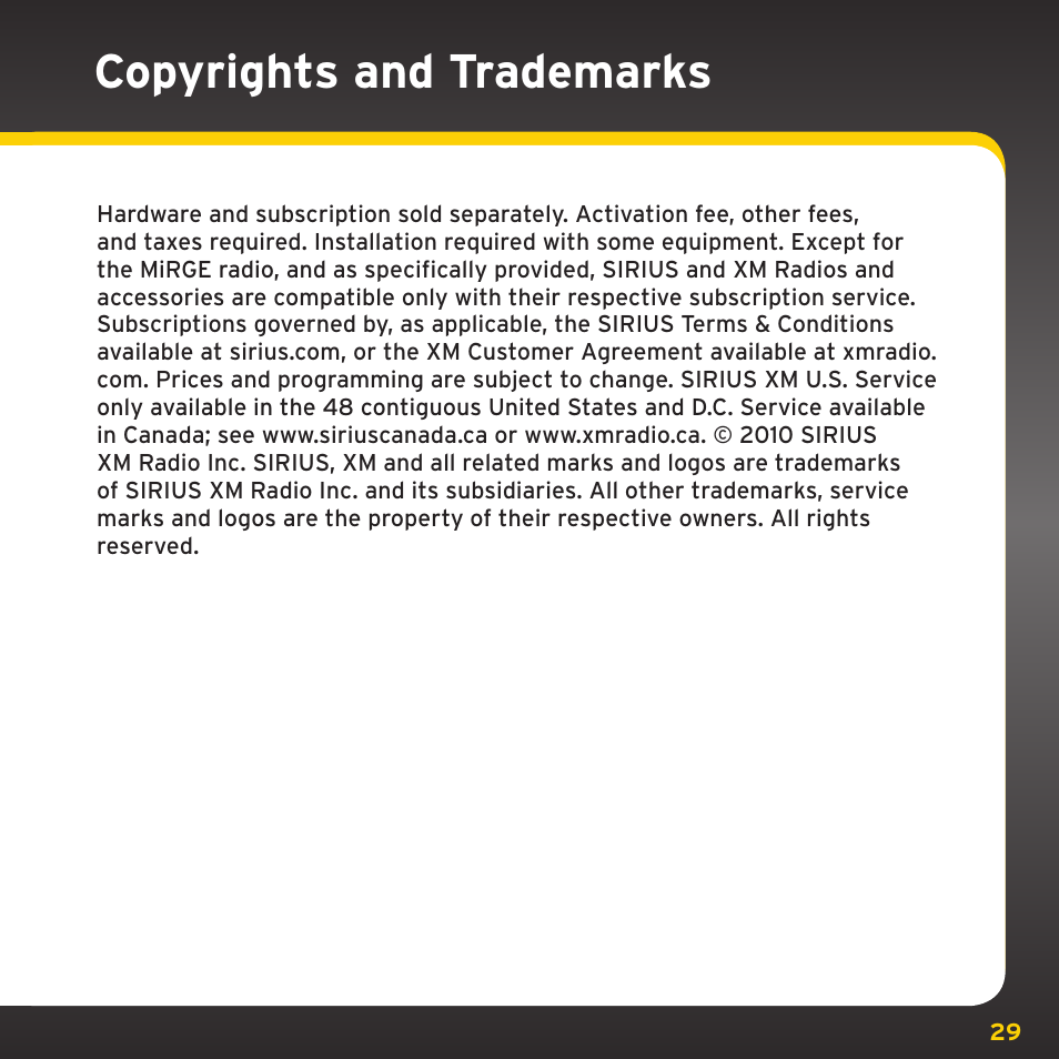 Copyrights and trademarks | XM Satellite Radio XHD2KUG0809 User Manual | Page 29 / 32