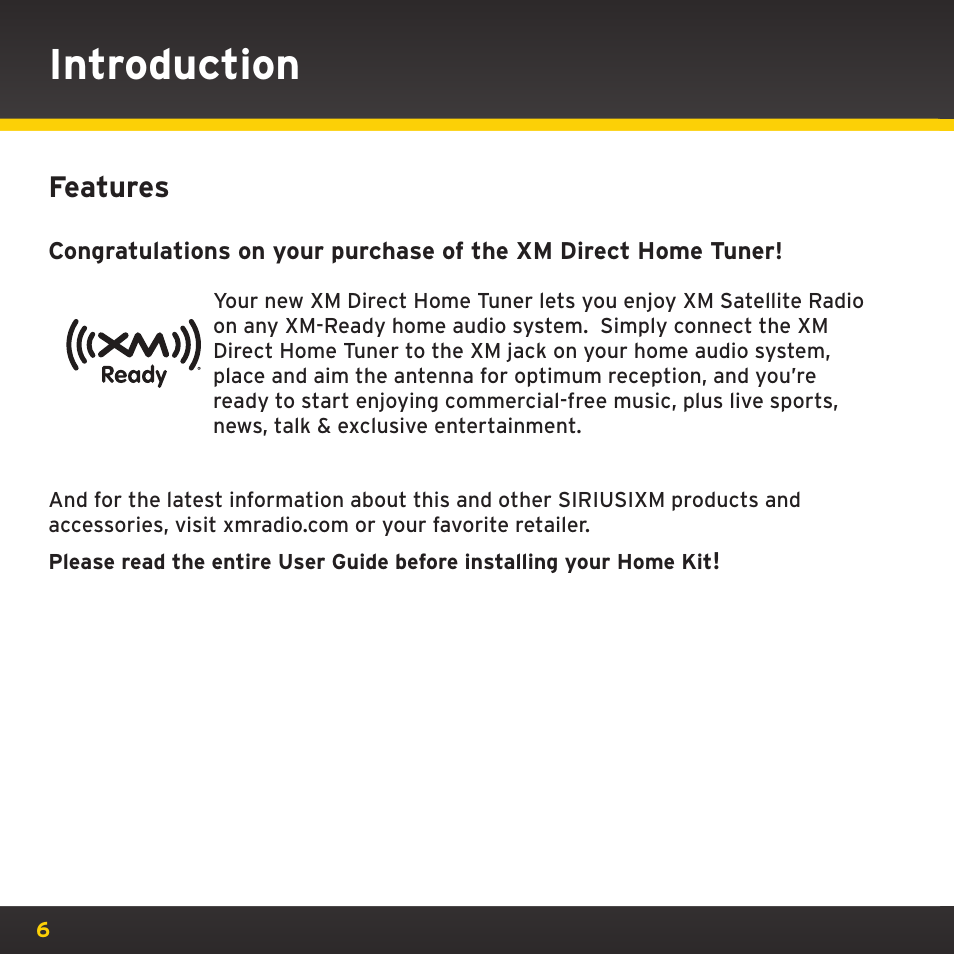 Introduction, Features | XM Satellite Radio XHD2KUG0809 User Manual | Page 6 / 32