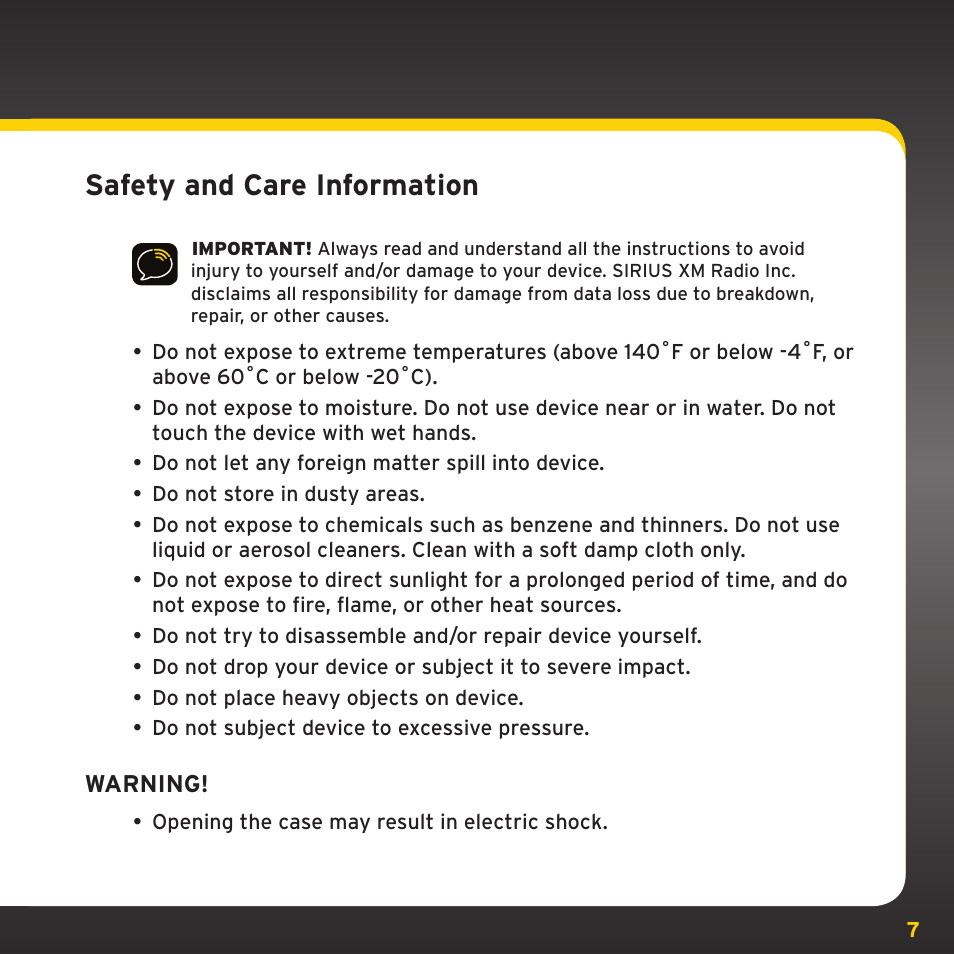 Safety and care information | XM Satellite Radio XHD2KUG0809 User Manual | Page 7 / 32