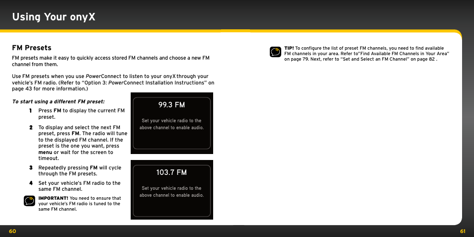 Using your onyx, Fm presets | XM Satellite Radio XDNX1V1KC User Manual | Page 31 / 58