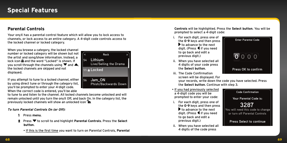 Special features, Parental controls | XM Satellite Radio XDNX1V1KC User Manual | Page 35 / 58