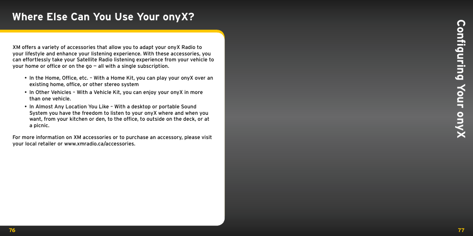 Con figuring y our on yx, Where else can you use your onyx | XM Satellite Radio XDNX1V1KC User Manual | Page 39 / 58
