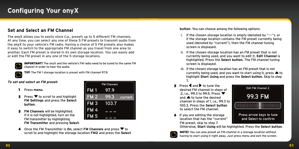 Configuring your onyx, 3 fm, Set and select an fm channel | XM Satellite Radio XDNX1V1KC User Manual | Page 42 / 58