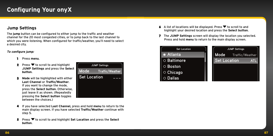Configuring your onyx, Mode set location, Atlanta baltimore boston chicago dallas | Jump settings | XM Satellite Radio XDNX1V1KC User Manual | Page 44 / 58