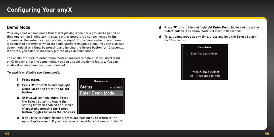 Configuring your onyx, Status enter demo mode, Demo mode | XM Satellite Radio XDNX1V1KC User Manual | Page 48 / 58