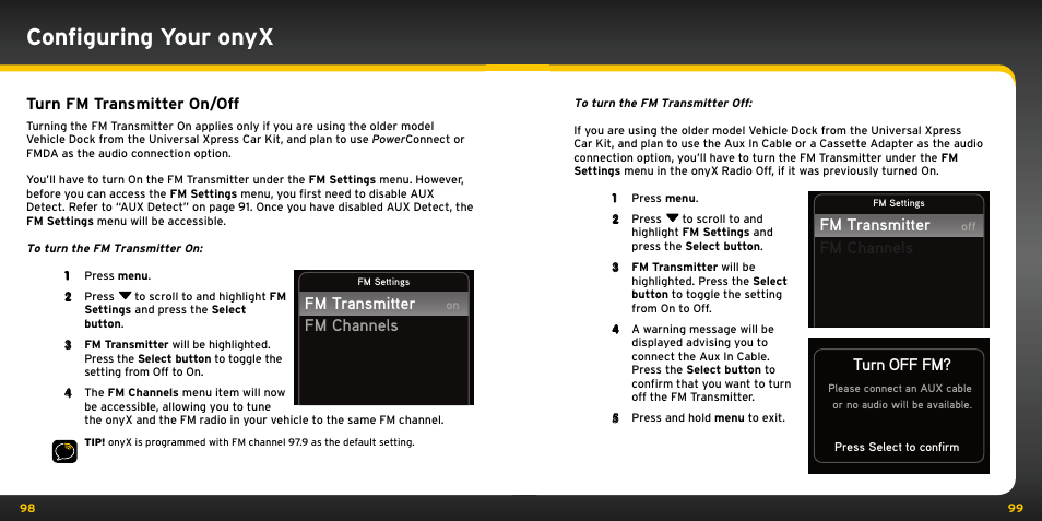 Configuring your onyx, Fm transmitter fm channels, Turn off fm | Turn fm transmitter on/off | XM Satellite Radio XDNX1V1KC User Manual | Page 50 / 58