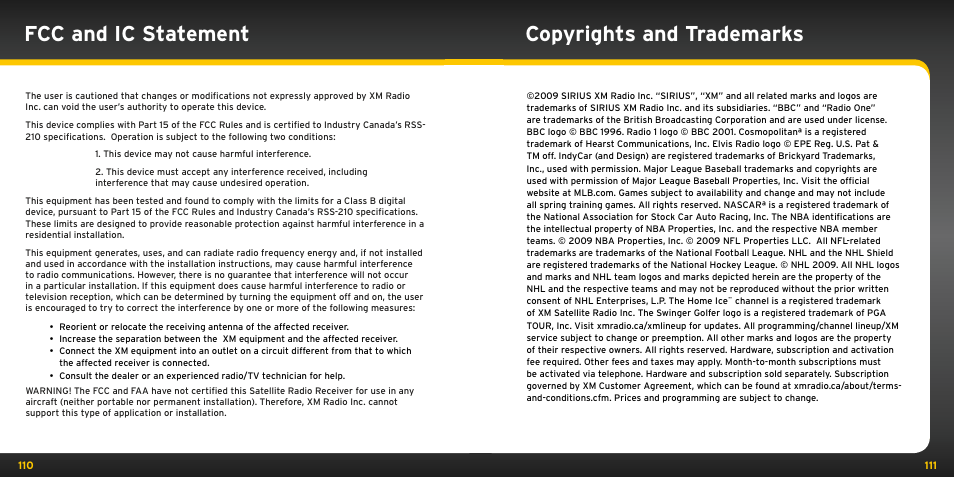 Fcc and ic statement, Copyrights and trademarks | XM Satellite Radio XDNX1V1KC User Manual | Page 56 / 58