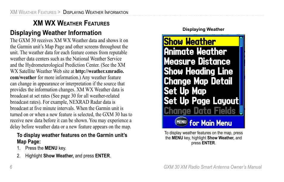 Xm wx weather features, Displaying weather information, Xm wx w | XM Satellite Radio GXM30 User Manual | Page 12 / 48