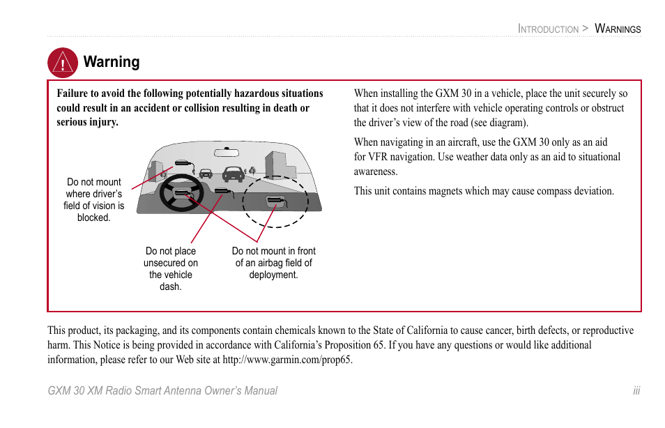 Warning | XM Satellite Radio GXM30 User Manual | Page 3 / 48