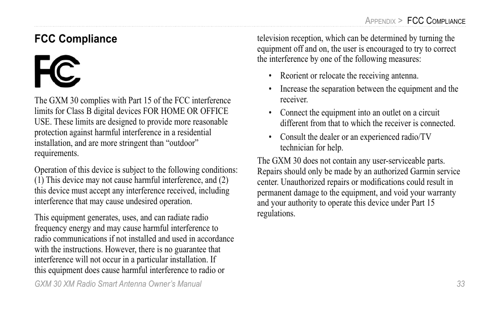 Fcc compliance | XM Satellite Radio GXM30 User Manual | Page 39 / 48