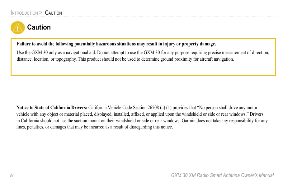 Caution | XM Satellite Radio GXM30 User Manual | Page 4 / 48