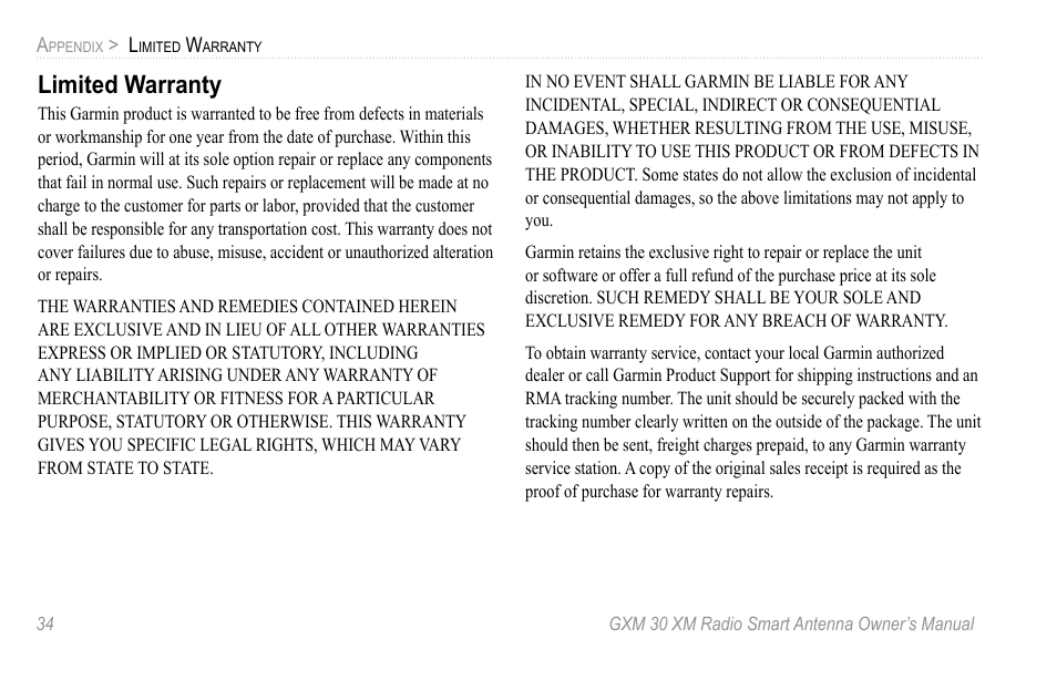 Limited warranty | XM Satellite Radio GXM30 User Manual | Page 40 / 48