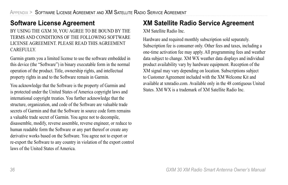 Software license agreement, Xm satellite radio service agreement | XM Satellite Radio GXM30 User Manual | Page 42 / 48
