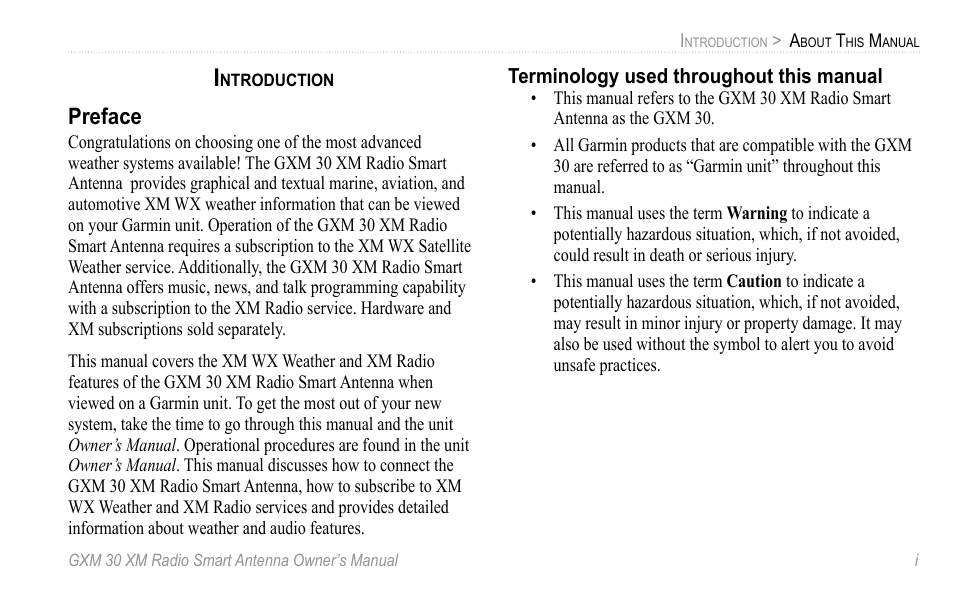 Introduction, Preface, Terminology used throughout this manual | XM Satellite Radio GXM30 User Manual | Page 5 / 48