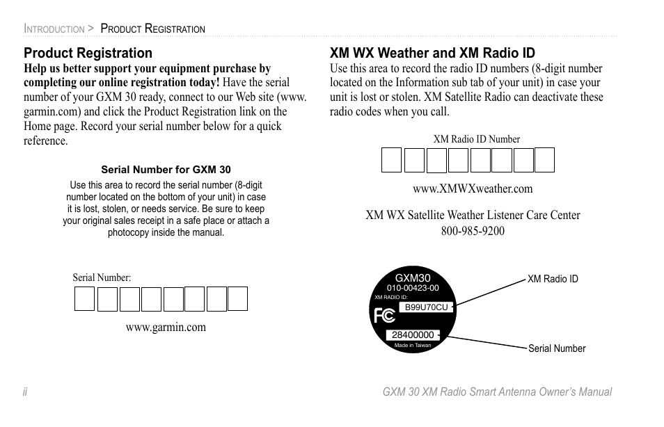 Product registration, Xm wx weather and xm radio id | XM Satellite Radio GXM30 User Manual | Page 6 / 48
