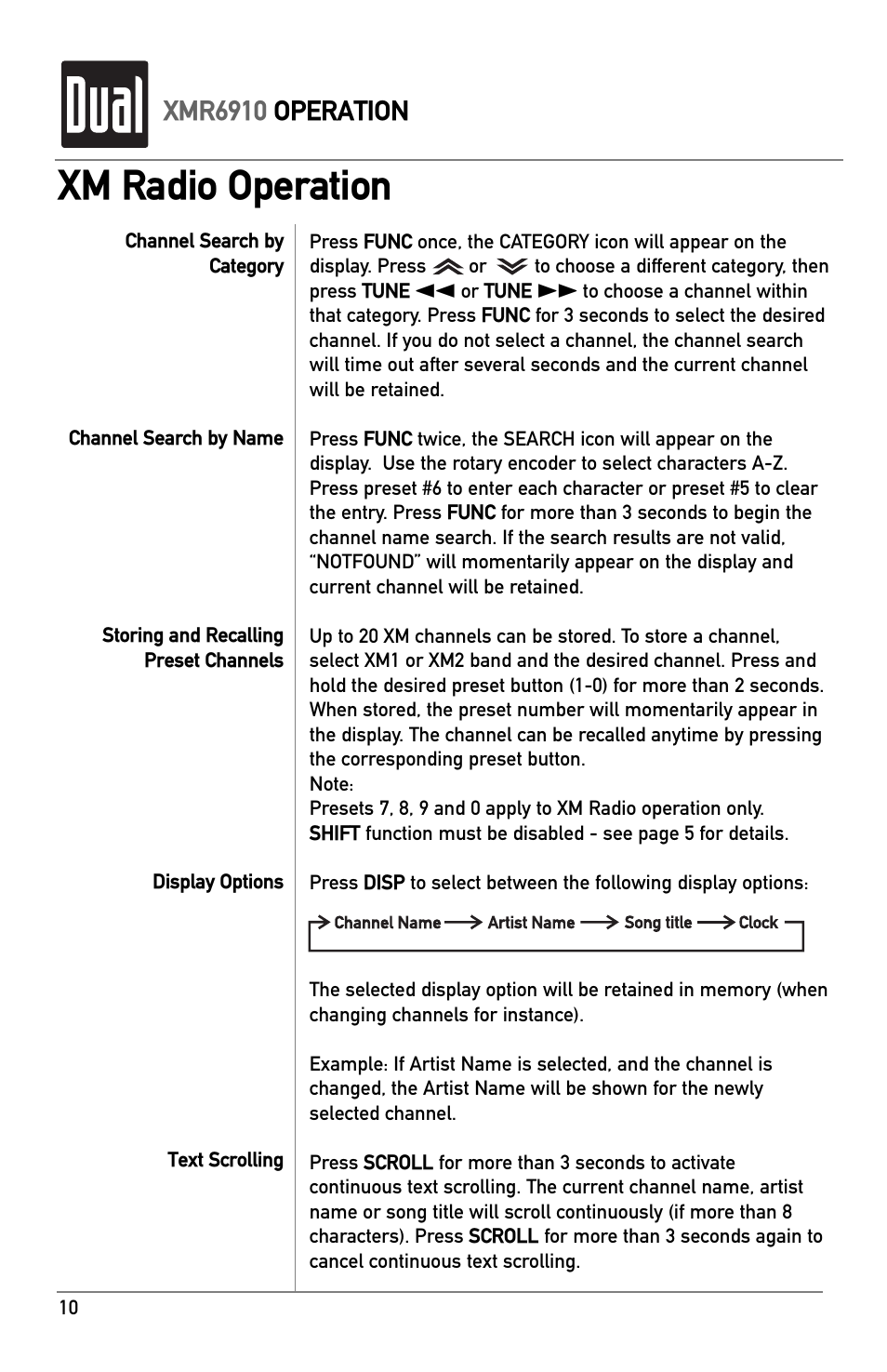 Xm radio operation, Xmr6910 operation | XM Satellite Radio XMR6910 User Manual | Page 10 / 16