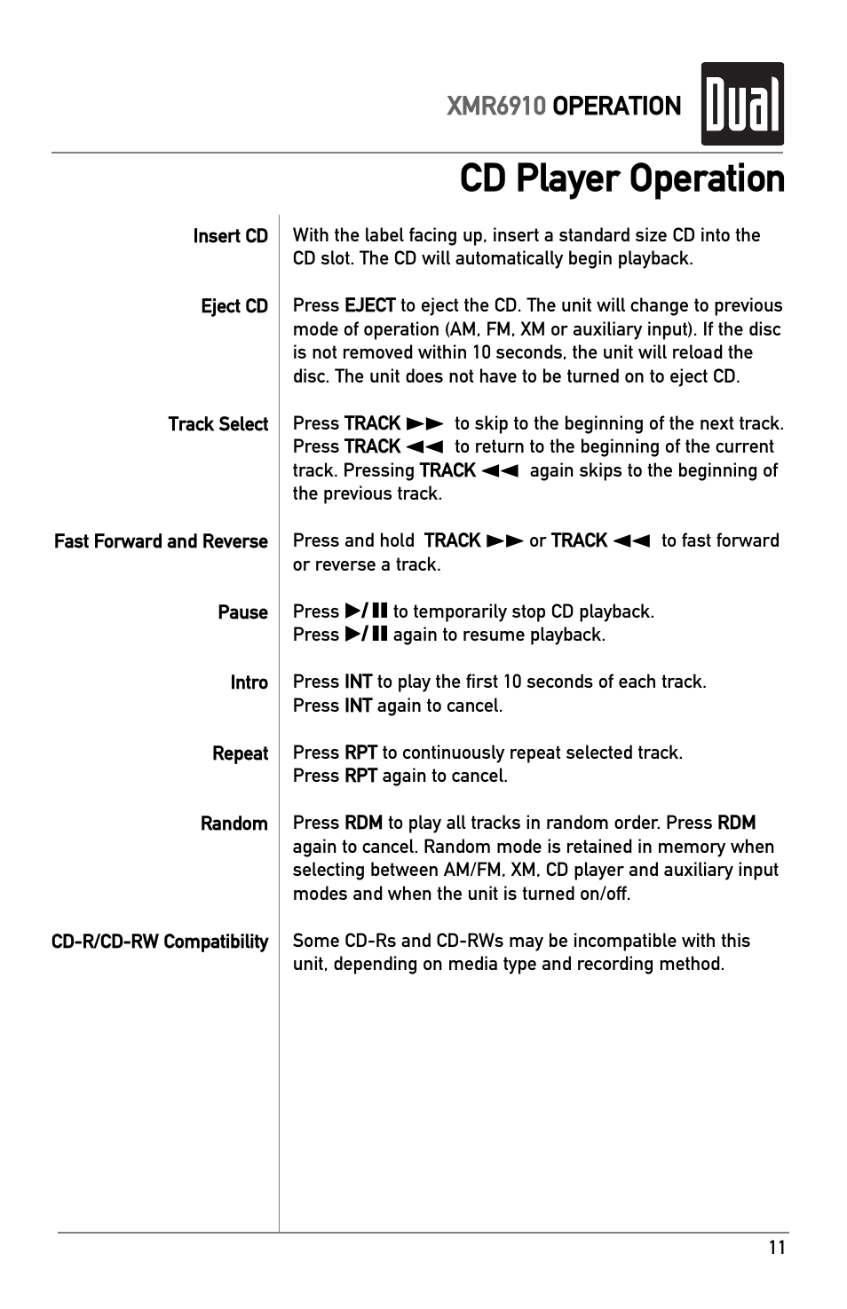 Disc operation, Cd player operation | XM Satellite Radio XMR6910 User Manual | Page 11 / 16