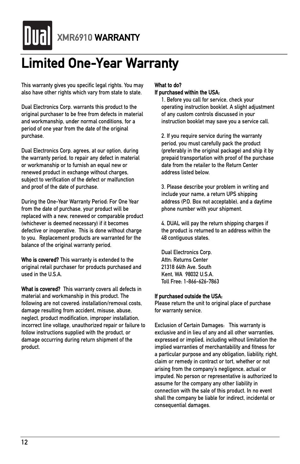 Warranty, Limited one-year warranty, Xmr6910 warranty | XM Satellite Radio XMR6910 User Manual | Page 12 / 16