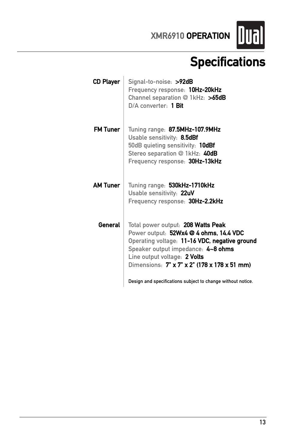 Specs, Specifications, Xmr6910 operation | XM Satellite Radio XMR6910 User Manual | Page 13 / 16
