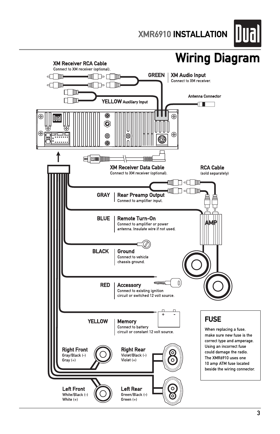 Wiring, Wiring diagram | XM Satellite Radio XMR6910 User Manual | Page 3 / 16