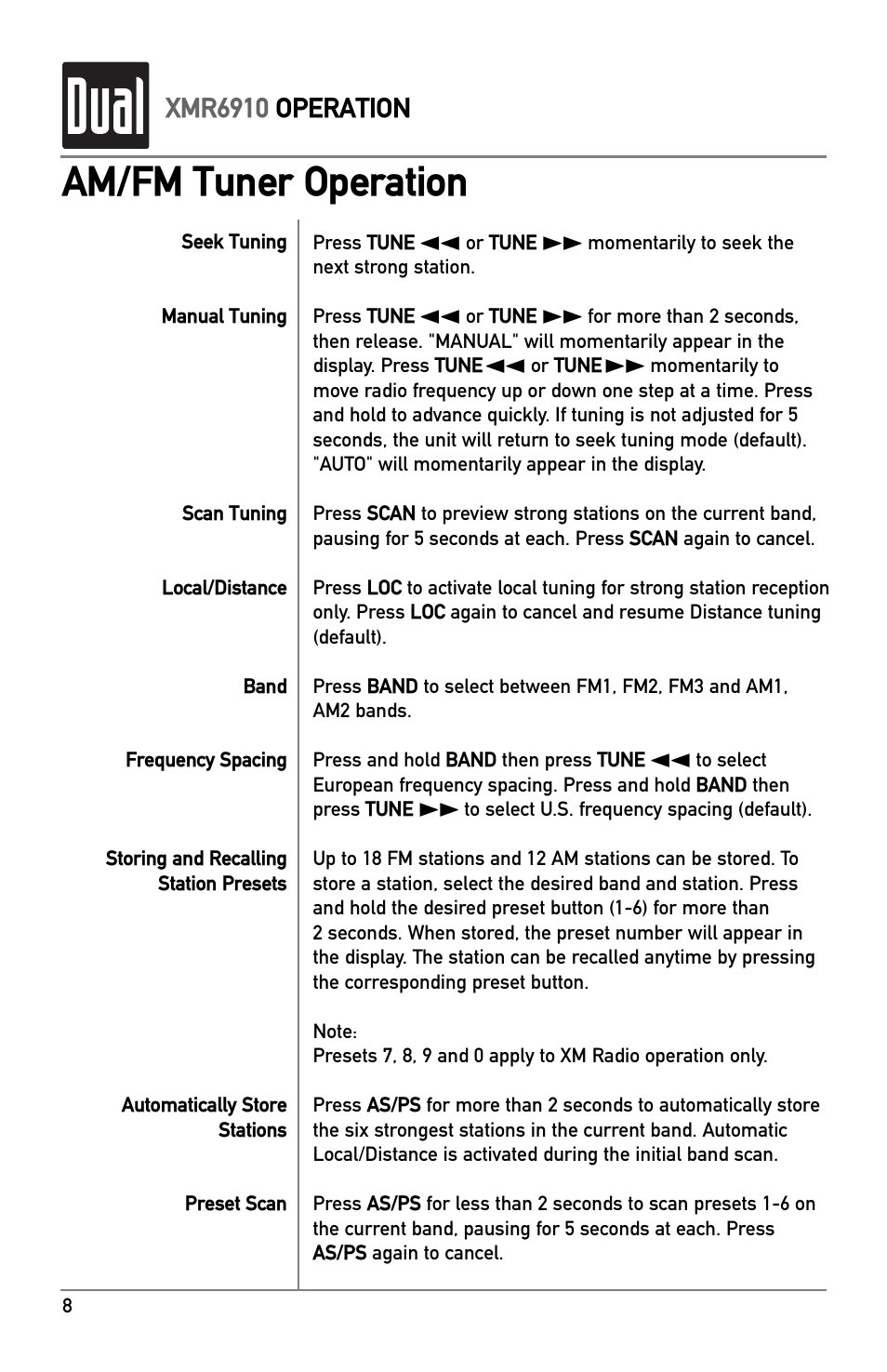 Tuner operation, Am/fm tuner operation | XM Satellite Radio XMR6910 User Manual | Page 8 / 16
