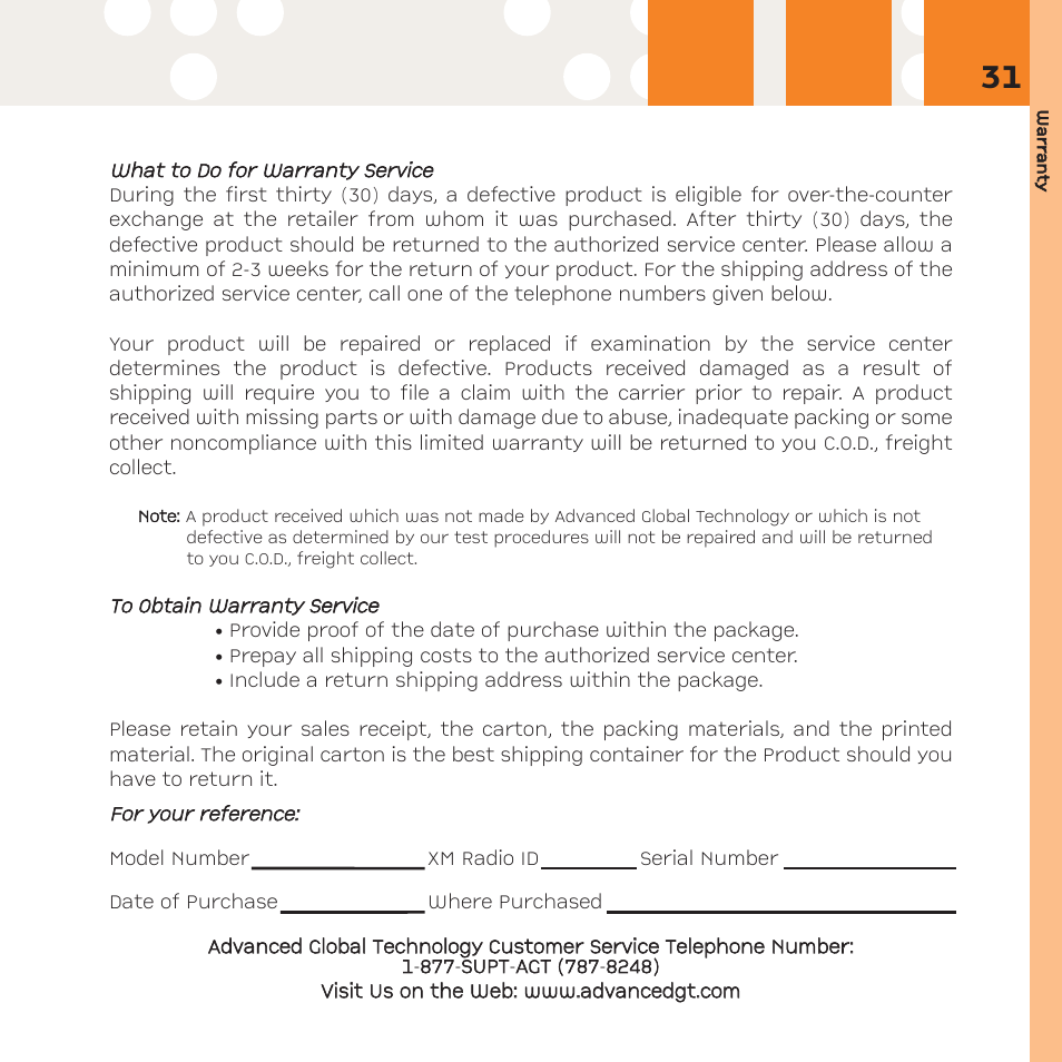 XM Satellite Radio R101 User Manual | Page 31 / 32