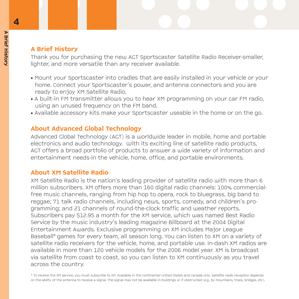 A brief history, About advanced global technology, About xm satellite radio | XM Satellite Radio R101 User Manual | Page 4 / 32