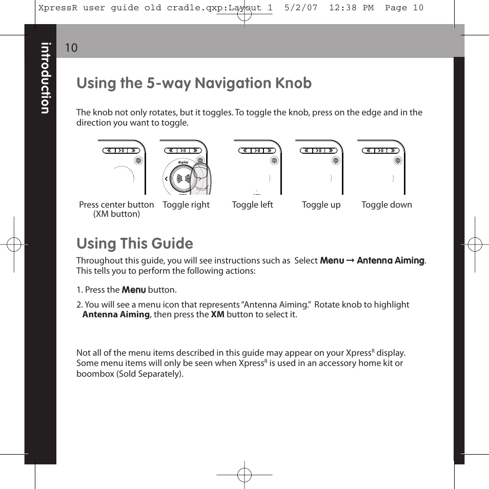 Using the 5-way navigation knob, Using this guide | XM Satellite Radio XpressR User Manual | Page 10 / 62