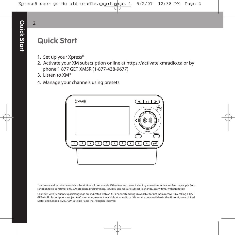 Quick start | XM Satellite Radio XpressR User Manual | Page 2 / 62