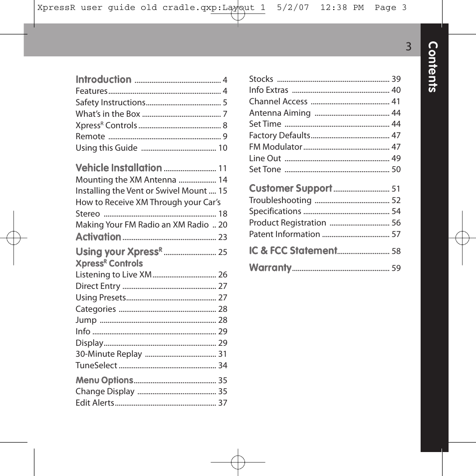 Co n te n ts 3 | XM Satellite Radio XpressR User Manual | Page 3 / 62