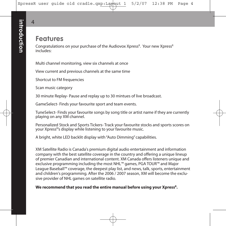 Features | XM Satellite Radio XpressR User Manual | Page 4 / 62