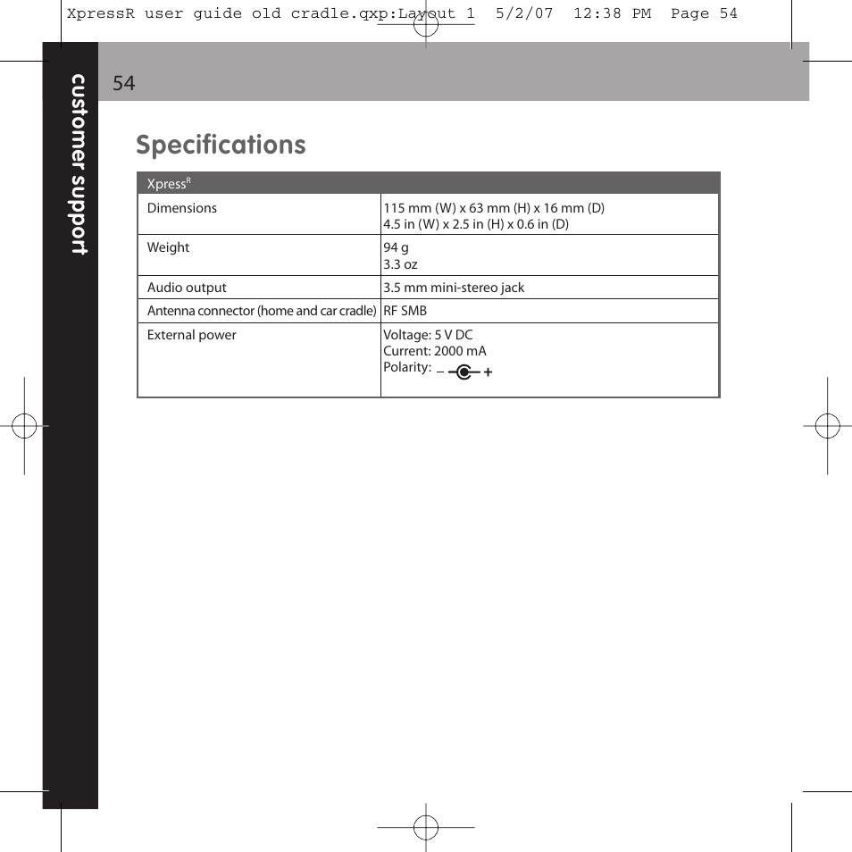 Specifications | XM Satellite Radio XpressR User Manual | Page 54 / 62