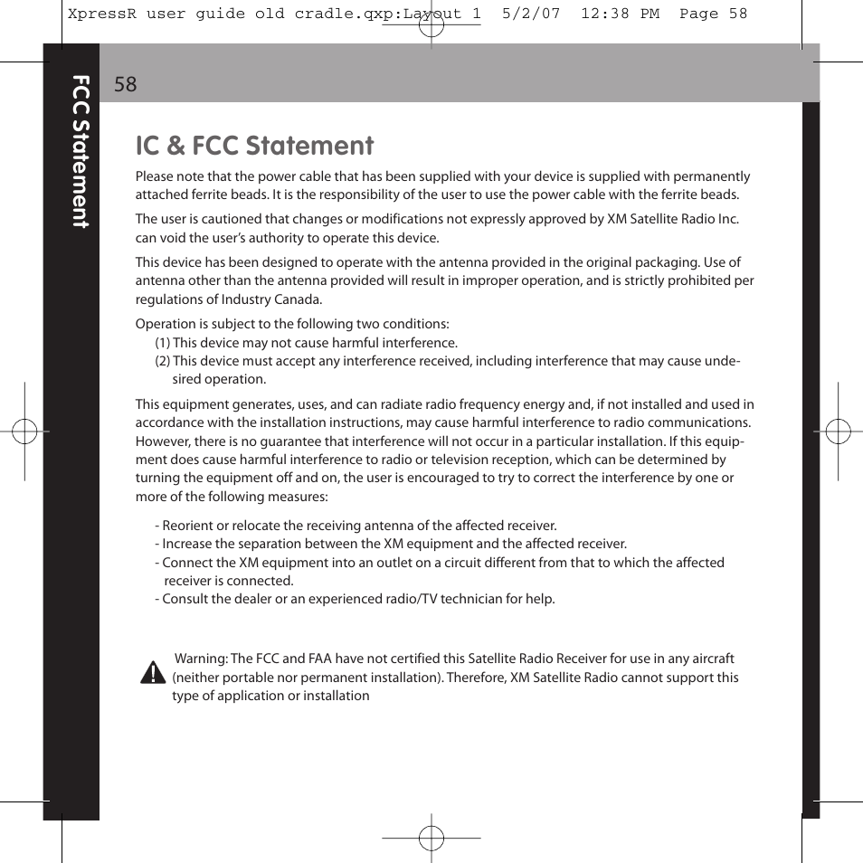 Ic & fcc statement | XM Satellite Radio XpressR User Manual | Page 58 / 62