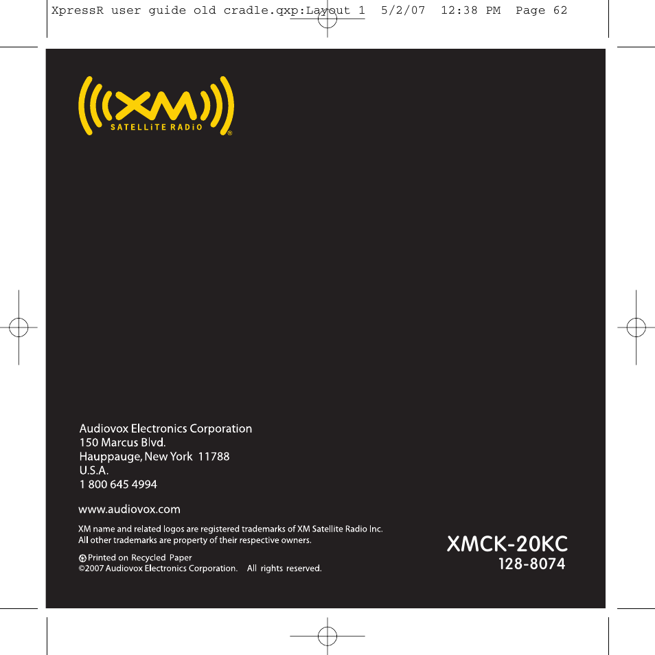 Xmck-20kc | XM Satellite Radio XpressR User Manual | Page 62 / 62