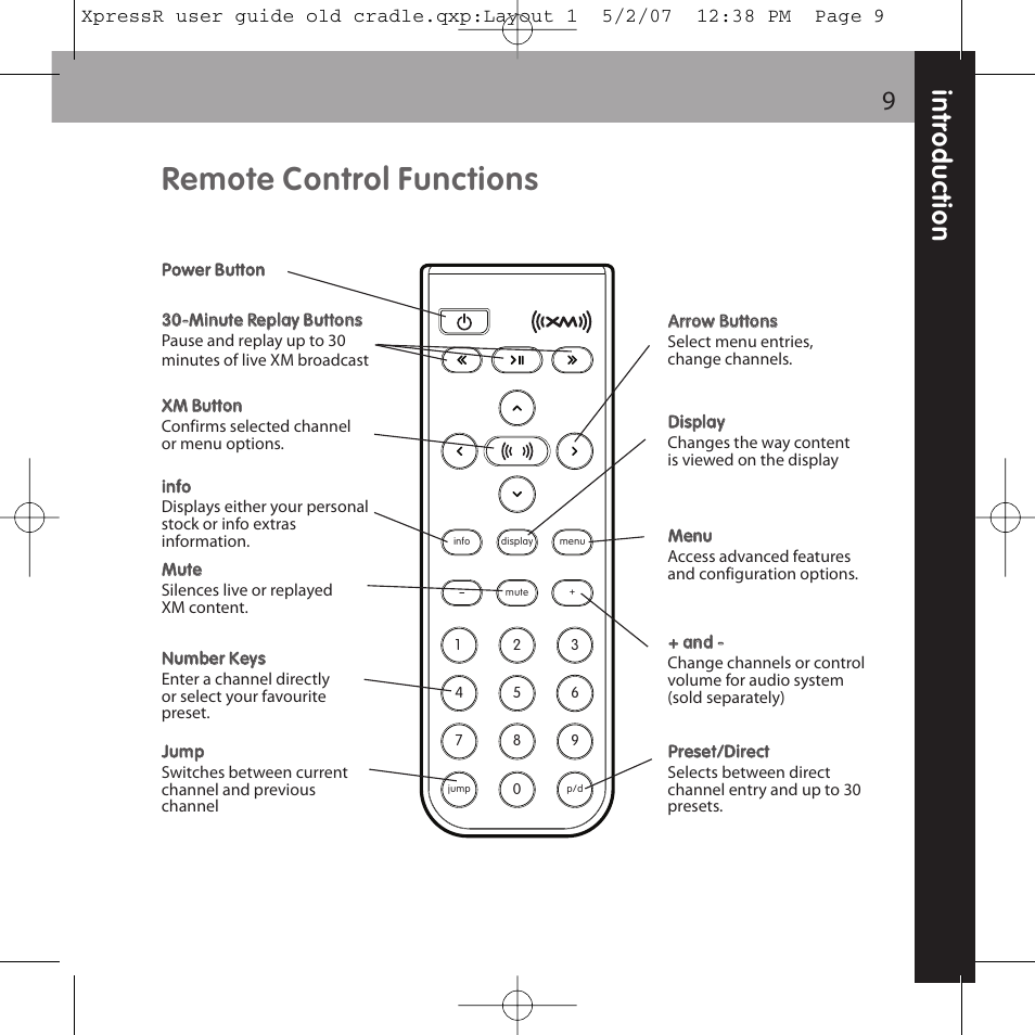 Remote control functions | XM Satellite Radio XpressR User Manual | Page 9 / 62