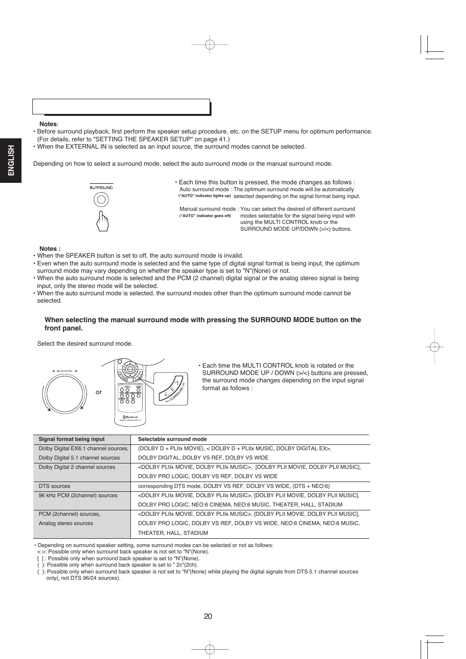Enjoying surround sound, English 20 | XM Satellite Radio R-672 User Manual | Page 20 / 56