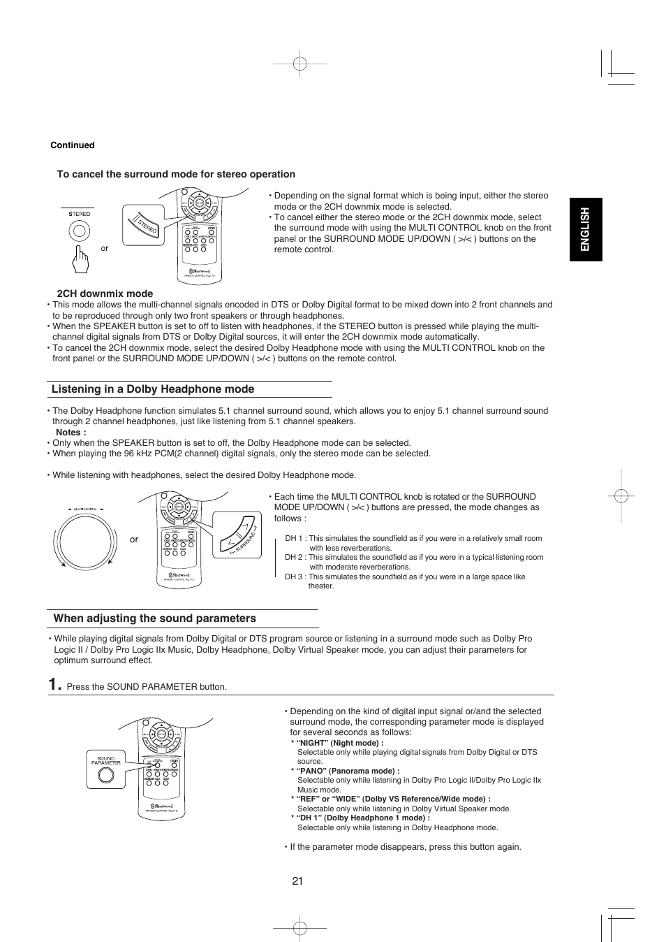 Listening in a dolby headphone mode, When adjusting the sound parameters, English | XM Satellite Radio R-672 User Manual | Page 21 / 56