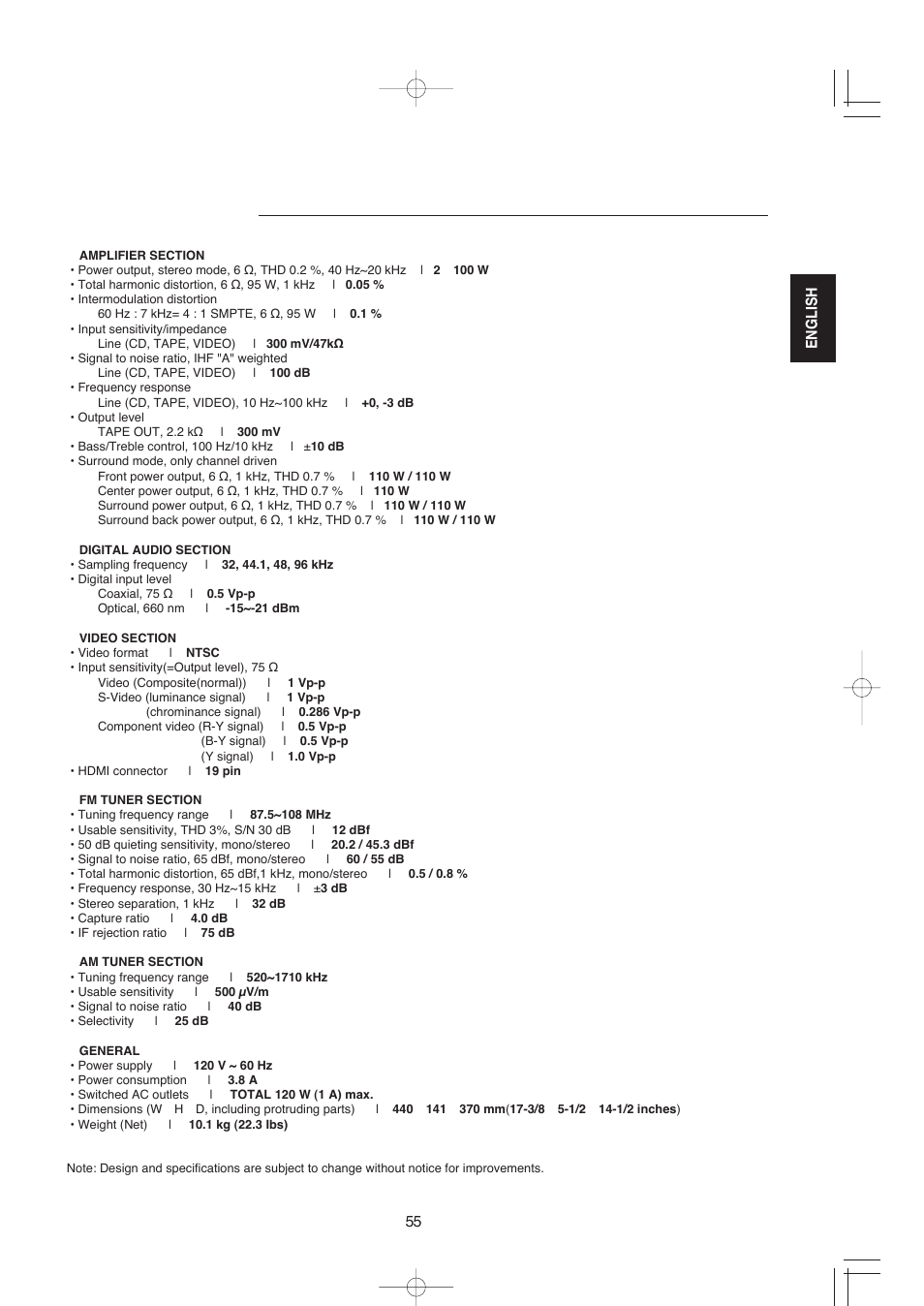 Specifications, English | XM Satellite Radio R-672 User Manual | Page 55 / 56