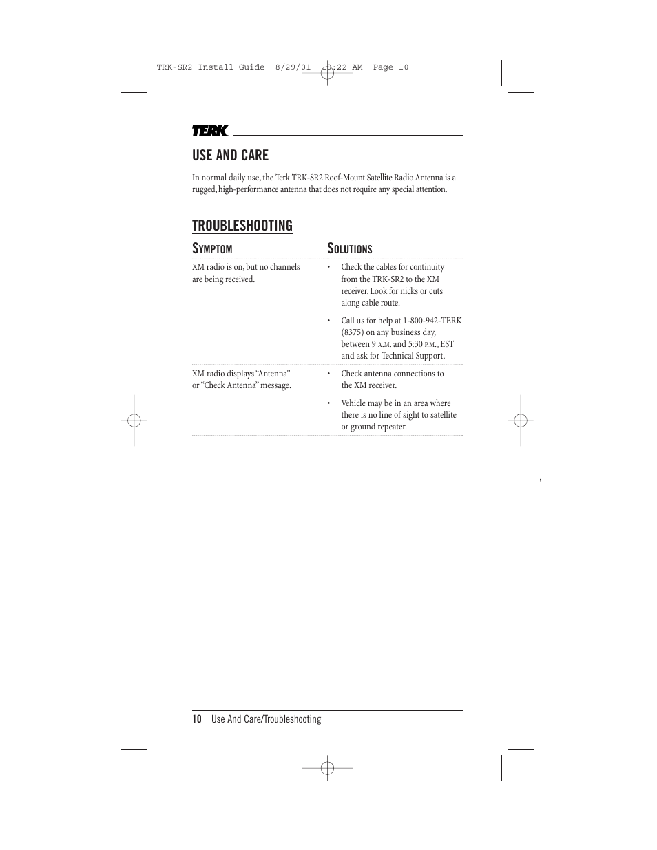 Use and care, Troubleshooting s | XM Satellite Radio TRK-SR2 User Manual | Page 10 / 12