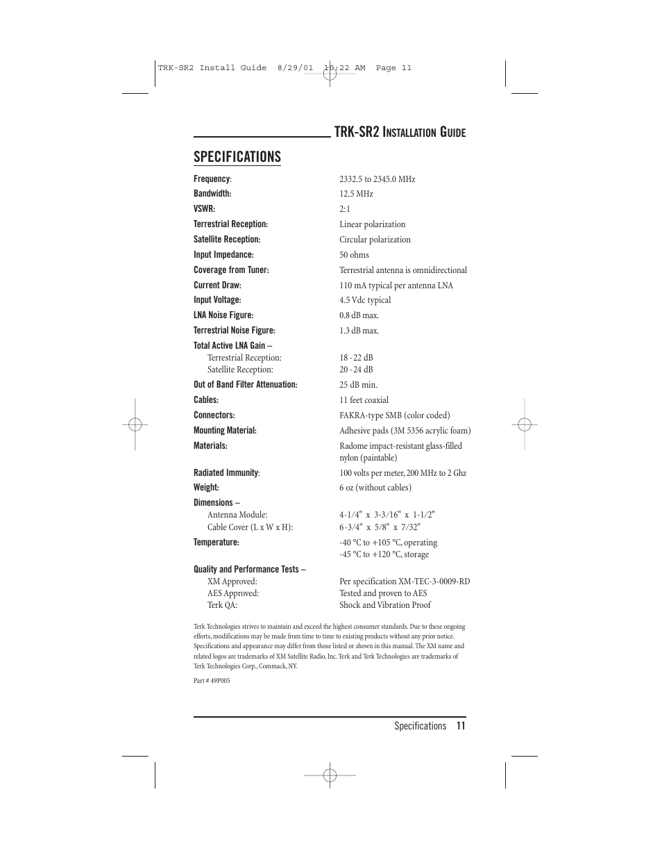 Specifications, Trk-sr2 i | XM Satellite Radio TRK-SR2 User Manual | Page 11 / 12