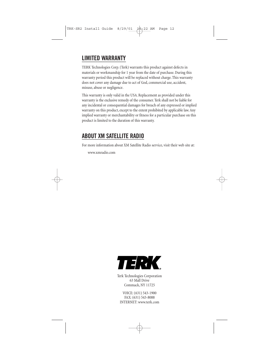 Limited warranty, About xm satellite radio | XM Satellite Radio TRK-SR2 User Manual | Page 12 / 12