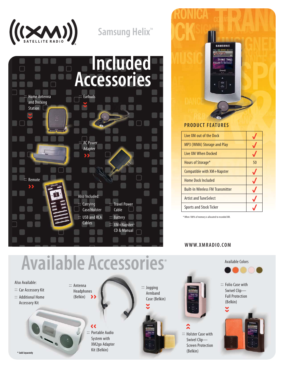 Included accessories, Available accessories, Samsung helix | XM Satellite Radio HELIX XM2GO User Manual | Page 2 / 2