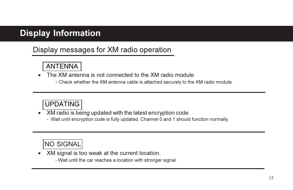 Display information, Display messages for xm radio operation | XM Satellite Radio P/N 08A15-1E1-000 User Manual | Page 15 / 18