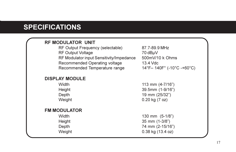 Specifications | XM Satellite Radio P/N 08A15-1E1-000 User Manual | Page 17 / 18