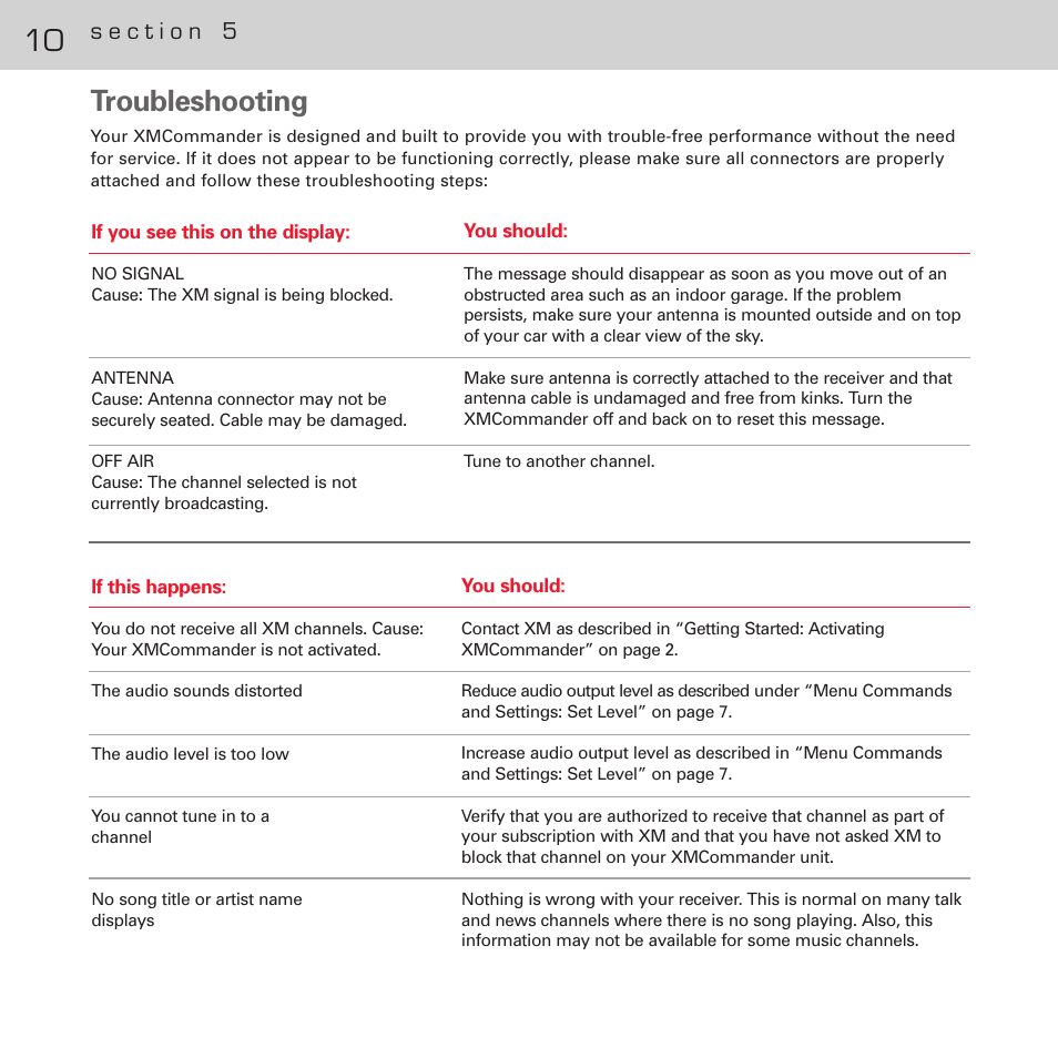 Troubleshooting | XM Satellite Radio XM XMCommander XM-RVR-FM- User Manual | Page 11 / 12