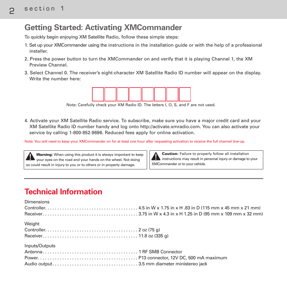 Getting started: activating xmcommander, 2technical information | XM Satellite Radio XM XMCommander XM-RVR-FM- User Manual | Page 3 / 12