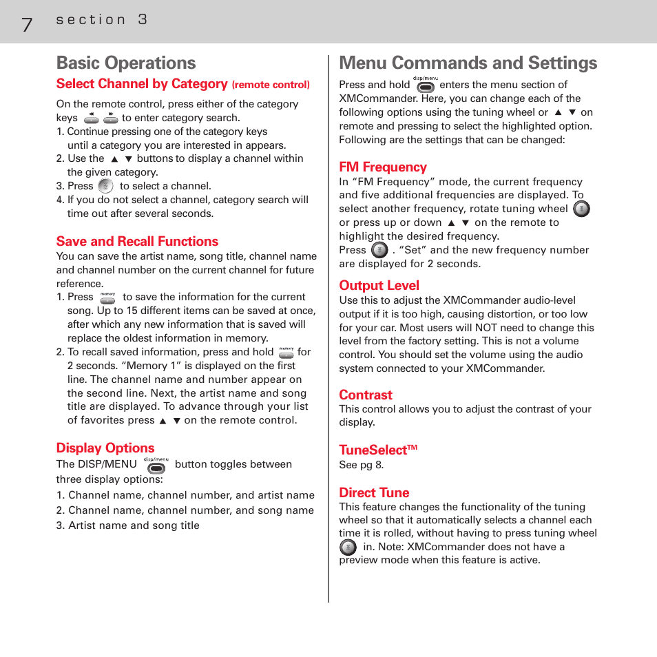 Basic operations, 7menu commands and settings | XM Satellite Radio XM XMCommander XM-RVR-FM- User Manual | Page 8 / 12