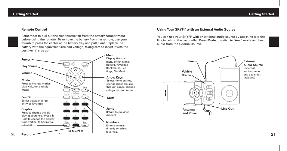 Getting started, Getting started remote control, Using your skyfi | With an external audio source | XM Satellite Radio SKYFi3 User Manual | Page 12 / 38